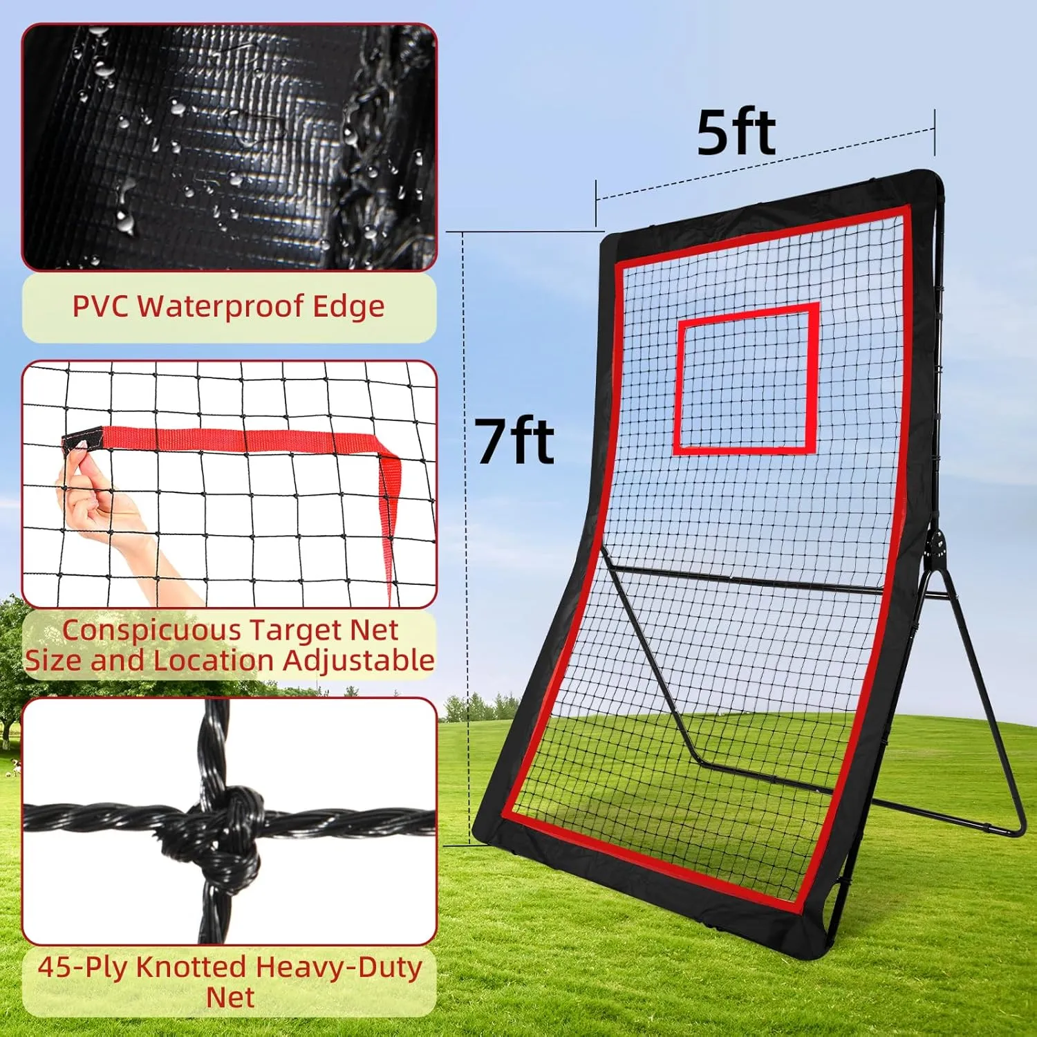 Lacrosse Rebounder,4x7/5x7ft Green/Red Volleyball Rebounder Net with 5 Adjust Angles,1 Carry Bag,Baseball Bounce Back Fix by 6 Ground Stake, Pitch Back for Lacrosse,Volleyball Training