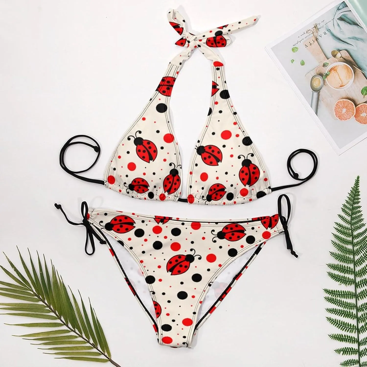 Ladybug Bikini Sets Women Tow Pic Sexy Halter Padded Bikini Set Side Tie Triangle Beach Bathing Suit Tankini Splits