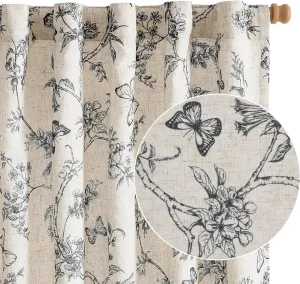 Lazzzy Linen Farmhouse Black Floral Curtains 63 Inch Length Back Tab Drapes for Living Room Bedroom Light Filtering Country Vintage Rod Pocket, 2 Panels, Black on Beige