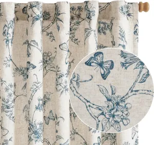 Lazzzy Linen Farmhouse Blue Floral Curtains 63 Inch Length Back Tab Drapes for Living Room Bedroom Light Filtering Country Vintage Rod Pocket, 2 Panels, Blue on Beige