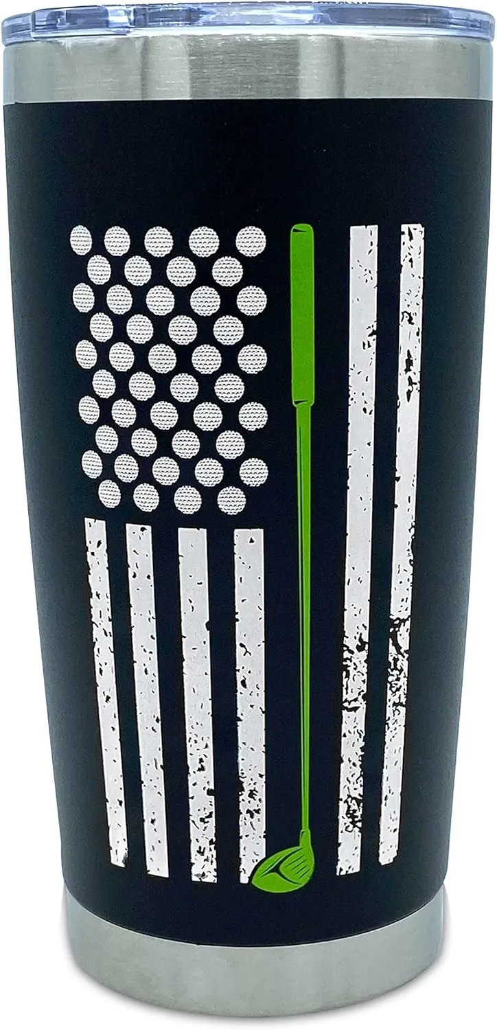 Lifecraft Golf Gifts for Men or Women, Unique Stainless Steel Travel Golfing Tumbler w/Golf Balls as Stars on American Flag, Funny Golfer Accessories Gift, Use for Coffee Beer or Wine, Black 20 oz