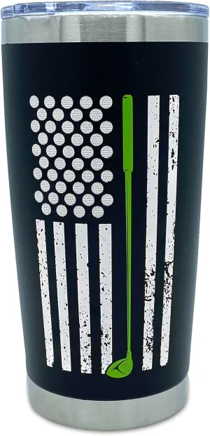 Lifecraft Golf Gifts for Men or Women, Unique Stainless Steel Travel Golfing Tumbler w/Golf Balls as Stars on American Flag, Funny Golfer Accessories Gift, Use for Coffee Beer or Wine, Black 20 oz