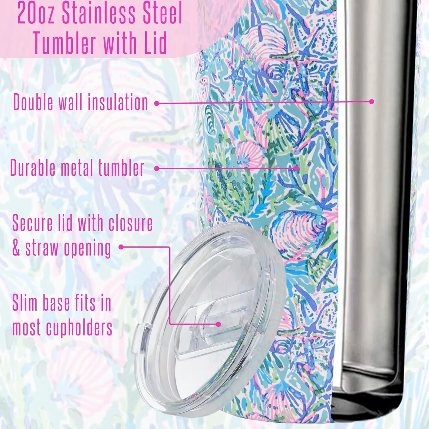 Lilly Pulitzer 20 Oz Insulated Tumbler with Lid, Stainless Steel Travel Cup, Double Wall Metal Tumbler, Soleil It On Me