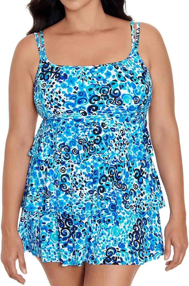 Longitude Women's Plus Swimwear Triple Tier Long Torso One Piece Swimdress