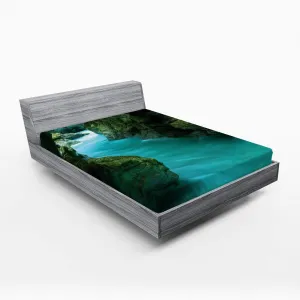 Lunarable Waterfall 2 Pack Fitted Sheet, Alpine River Caves Travel, Bed Cover All-Round Elastic Deep Pockets 2 Pieces, Package Contains 2 California King Fitted Sheets, Turquoise Dark Green