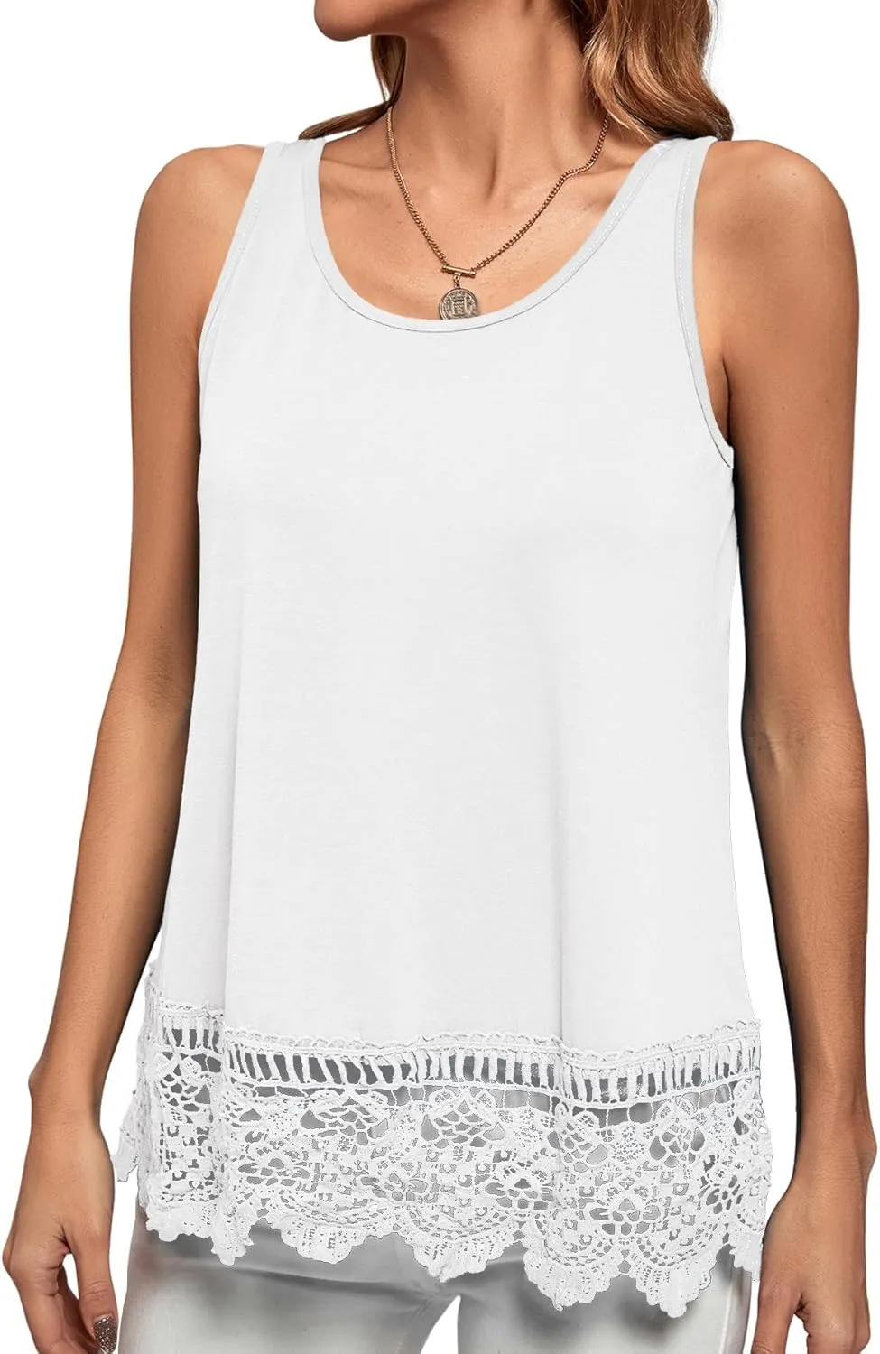 LYANER Women's Lace Hem Boat Neck Sleeveless Swing Trim Loose Tank Tops Blouse