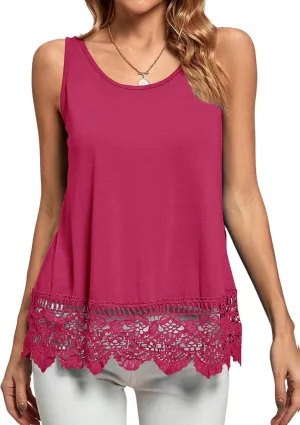 LYANER Women's Lace Hem Boat Neck Sleeveless Swing Trim Loose Tank Tops Blouse