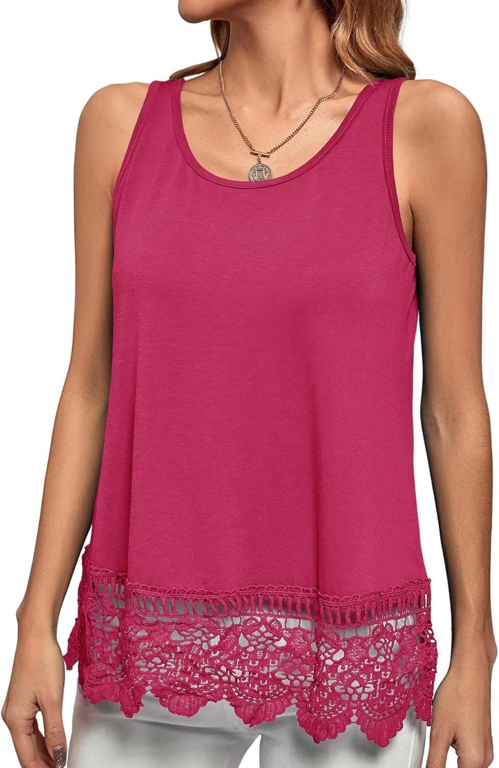 LYANER Women's Lace Hem Boat Neck Sleeveless Swing Trim Loose Tank Tops Blouse