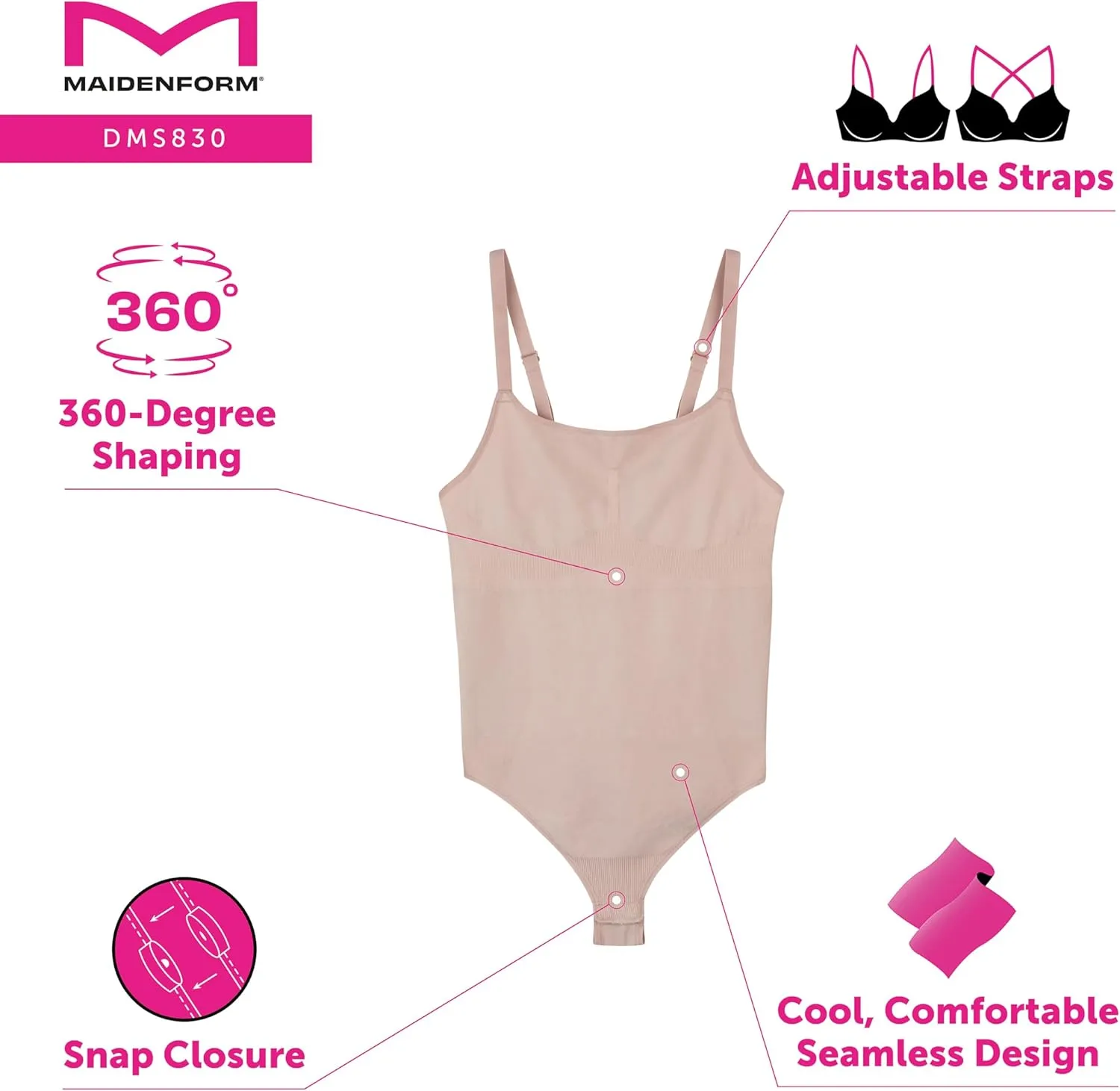 Maidenform Womens Seamless Shapewear, Tummy Control Thong Bodysuit, Firm Control Thong Body Shaper
