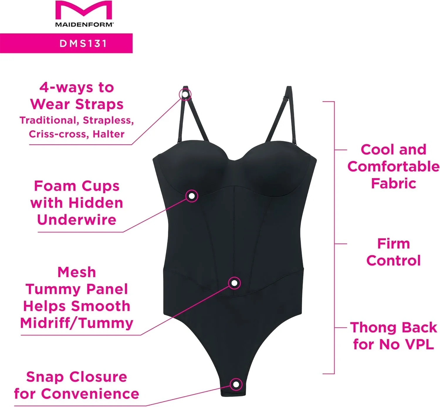 Maidenform Womens Tummy Shaping Thong Bodysuit, Multiway Thong Shaper, Firm Control