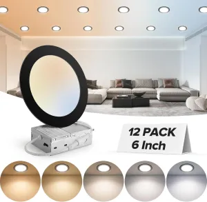 MAILCOS 12 Pack 6 Inch 5CCT Black Ultra-Thin LED Recessed Lighting with Junction Box, 2700K-5000K Selectable, 1050LM High Brightness, Dimmable Canless Wafer Downlight, 12W 120V, ETL