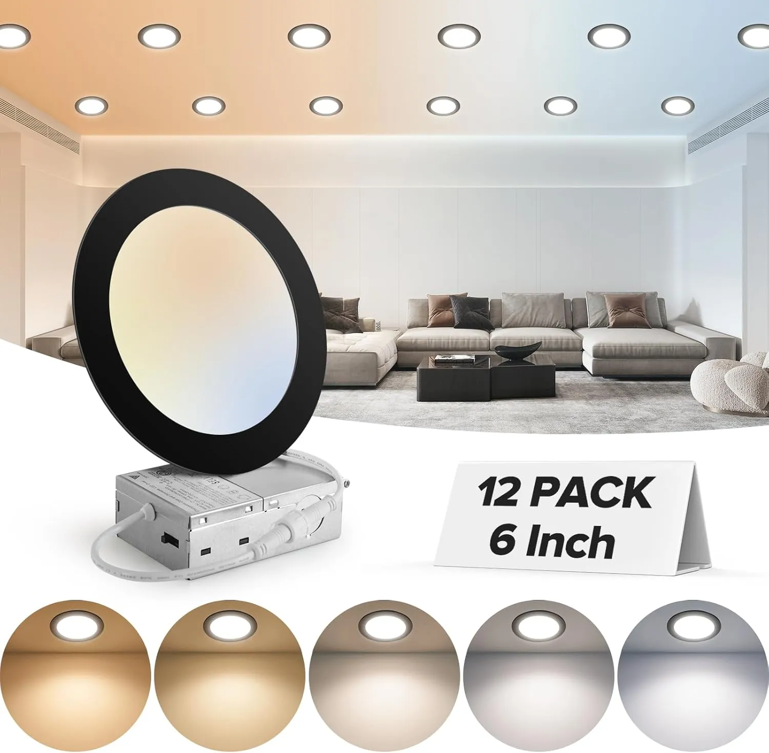 MAILCOS 12 Pack 6 Inch 5CCT Black Ultra-Thin LED Recessed Lighting with Junction Box, 2700K-5000K Selectable, 1050LM High Brightness, Dimmable Canless Wafer Downlight, 12W 120V, ETL