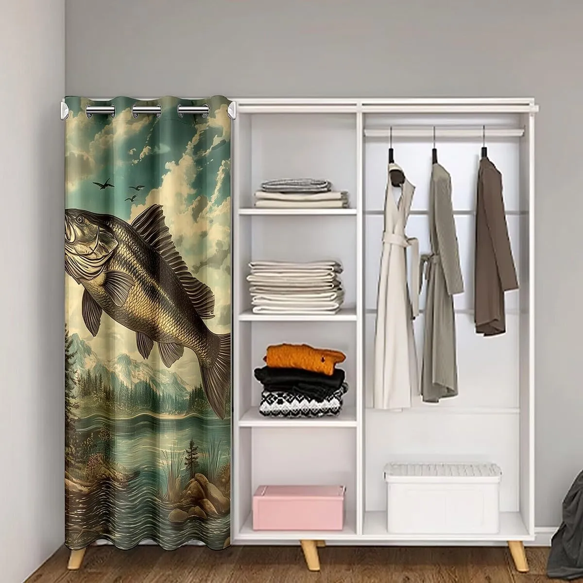 Manfei Fishing and Hunting Door Curtain for Privacy,Lake Lakeside Fishing Door Drape for Closet Door,Jungle Trees River Room Darkening Blackout Curtain for Wall Room 1 Panel,34" W X 80" L