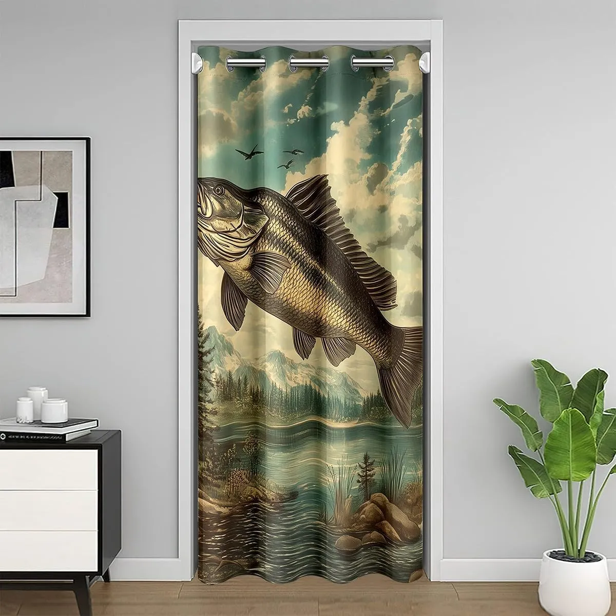 Manfei Fishing and Hunting Door Curtain for Privacy,Lake Lakeside Fishing Door Drape for Closet Door,Jungle Trees River Room Darkening Blackout Curtain for Wall Room 1 Panel,34" W X 80" L