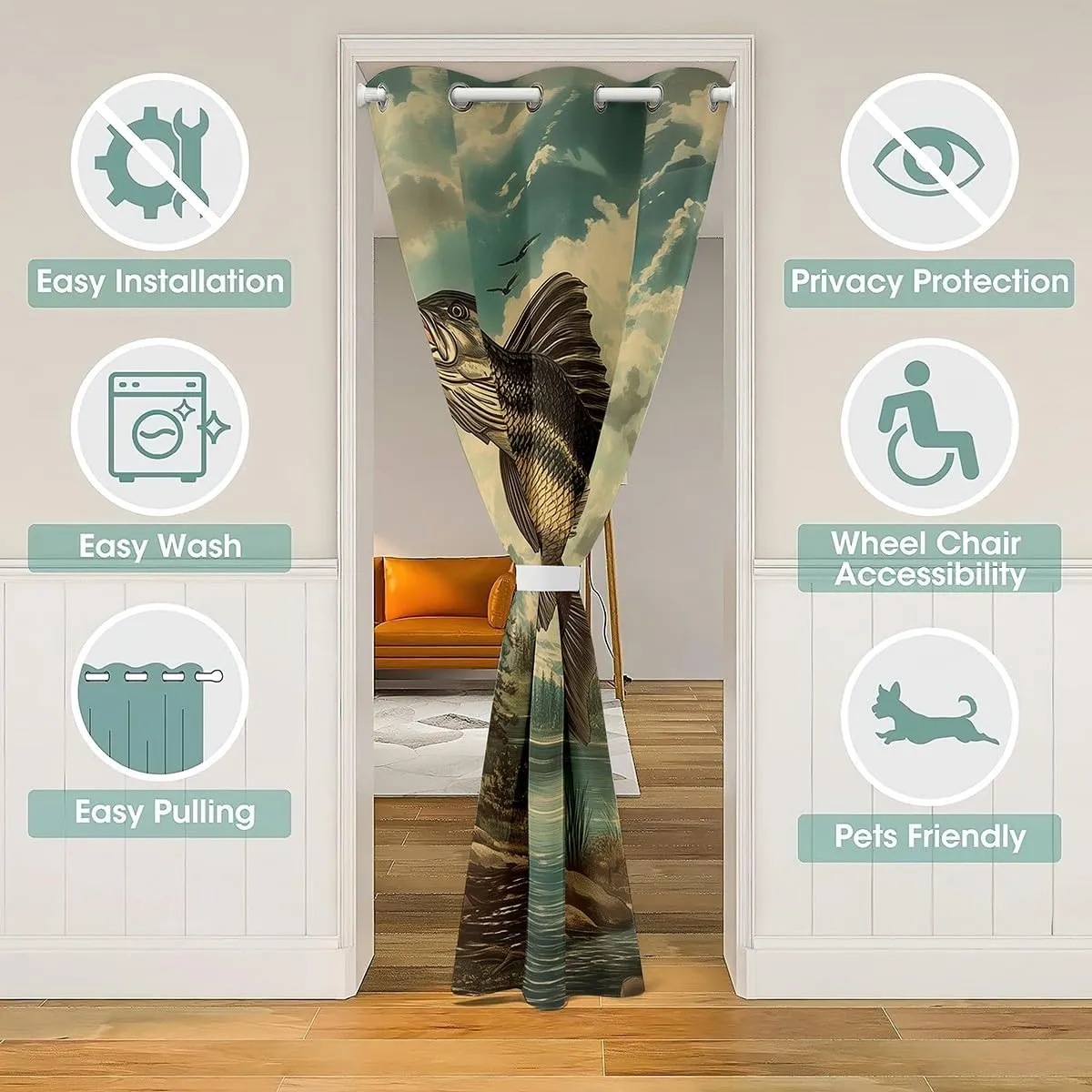 Manfei Fishing and Hunting Door Curtain for Privacy,Lake Lakeside Fishing Door Drape for Closet Door,Jungle Trees River Room Darkening Blackout Curtain for Wall Room 1 Panel,34" W X 80" L