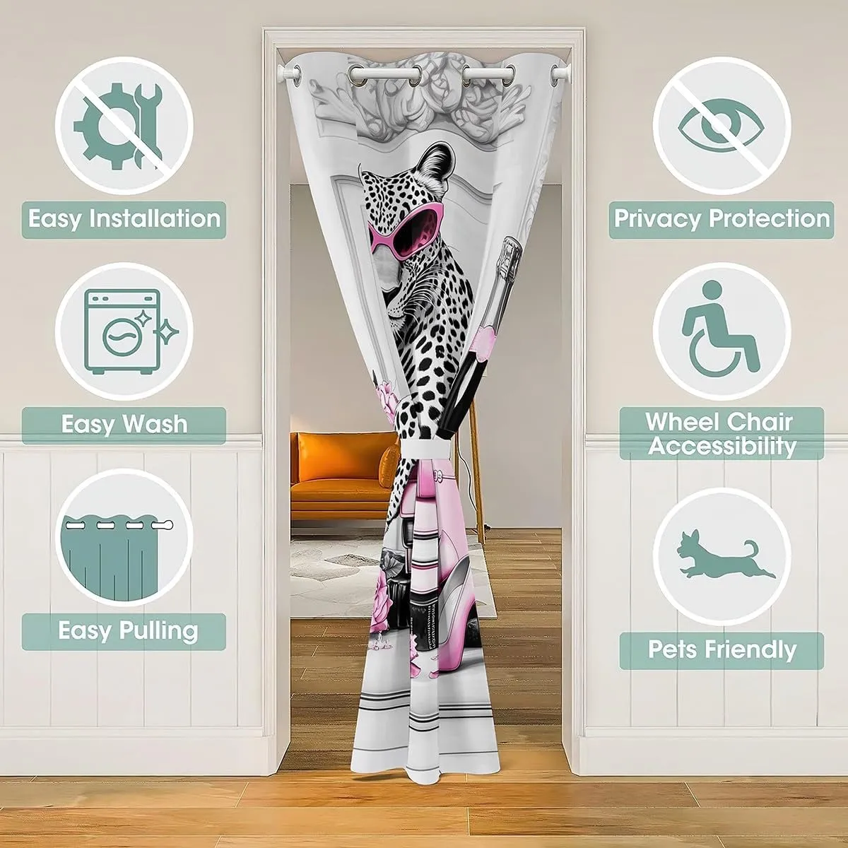 Manfei Leopard Cheetah 1 Panel Doorway Curtain,Pink High Heels Champagne Roses Floral Blackout Closet Door Curtain,Cool African Wild Animal European Style Gray Door Drape for Privacy Shading,80"×60"