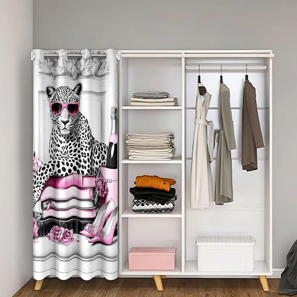 Manfei Leopard Cheetah 1 Panel Doorway Curtain,Pink High Heels Champagne Roses Floral Blackout Closet Door Curtain,Cool African Wild Animal European Style Gray Door Drape for Privacy Shading,80"×60"