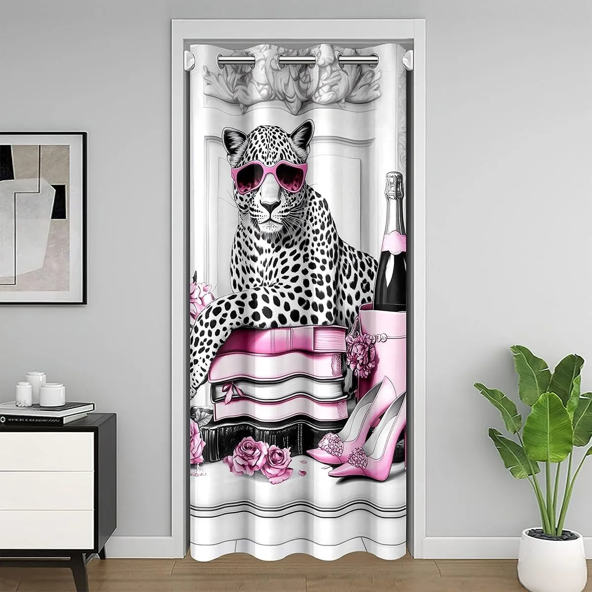 Manfei Leopard Cheetah 1 Panel Doorway Curtain,Pink High Heels Champagne Roses Floral Blackout Closet Door Curtain,Cool African Wild Animal European Style Gray Door Drape for Privacy Shading,80"×60"