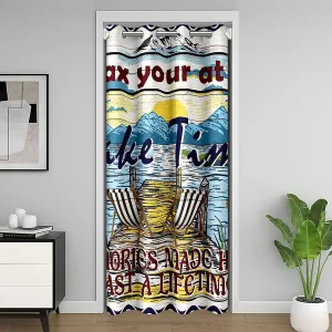 Manfei Watercolor Lake Theme Door Curtain,Vintage Abstract Outdoor Lakeside Camping Room Divider Curtain Cover for Privacy,Rustic Farmhpouse Style Wooden Texture Doorway Curtain 1 Panel,60" W X 80" L