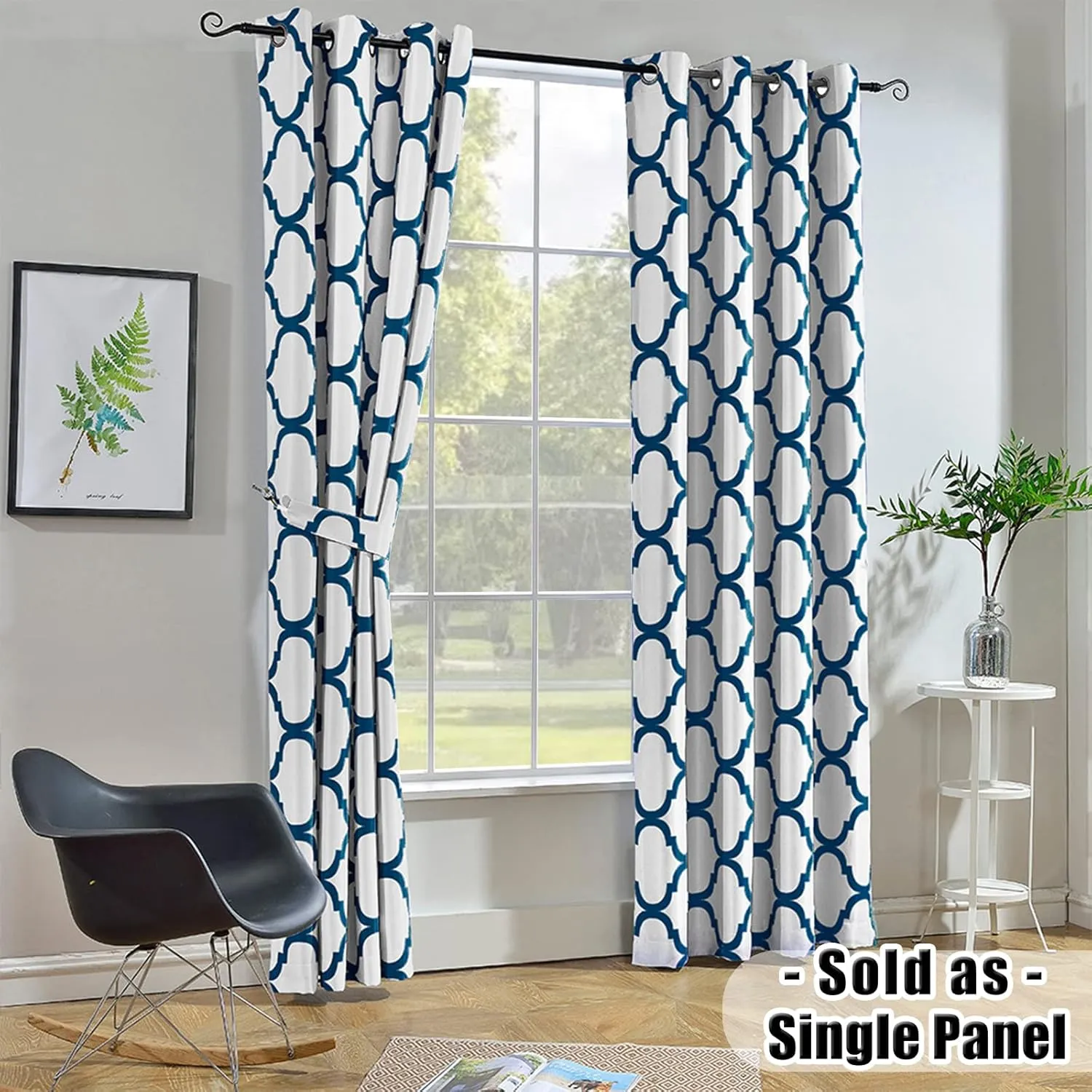 Melodieux Moroccan Fashion Thermal Insulated Grommet Room Darkening Curtains for Living Room, 52 by 84 Inch, Off White/Royal Blue (1 Panel)