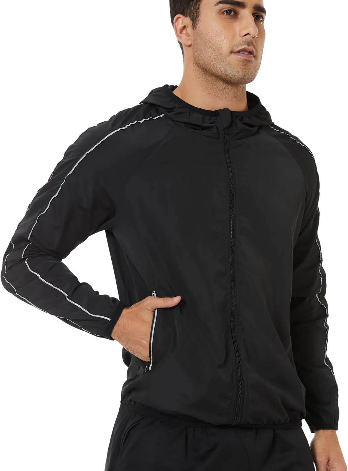 Men Rain Jackets Long Sleeves Rain Coat Zipper Raincoat with Hood Slim Fit Rain Coat for Outdoor Sports