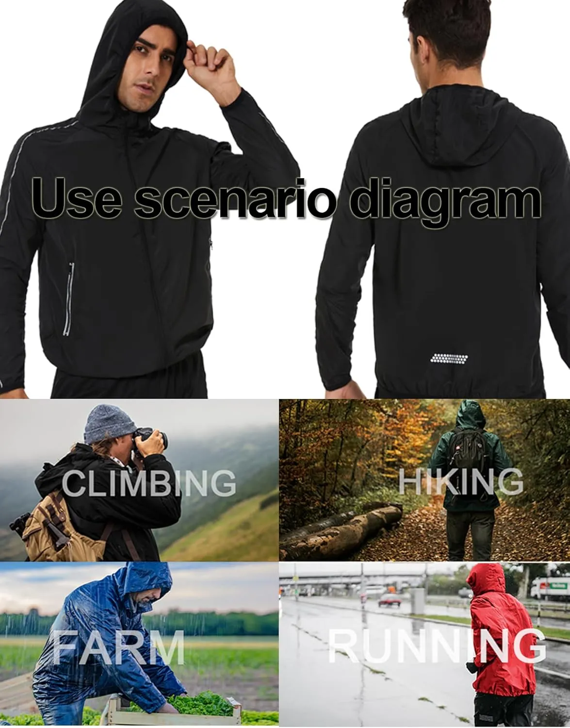 Men Rain Jackets Long Sleeves Rain Coat Zipper Raincoat with Hood Slim Fit Rain Coat for Outdoor Sports