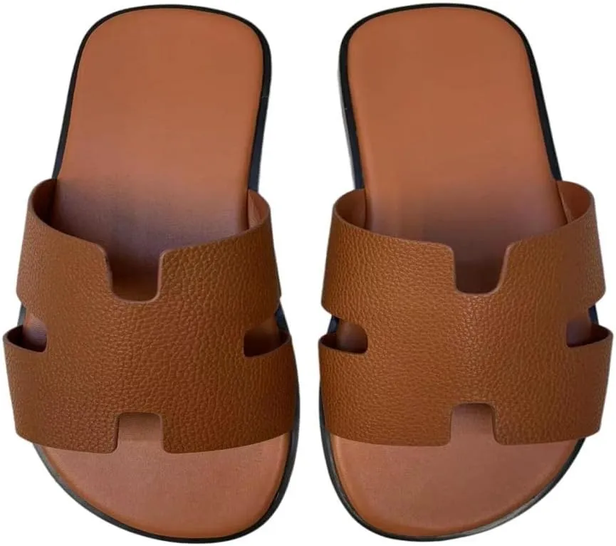 Mengchengying Mens Casual Comfortable Lightweight Fashion Genuine Leather Slip Slide Indoor and Outdoor Open Sandal Anti Slip Cushion Support