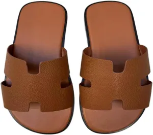 Mengchengying Mens Casual Comfortable Lightweight Fashion Genuine Leather Slip Slide Indoor and Outdoor Open Sandal Anti Slip Cushion Support