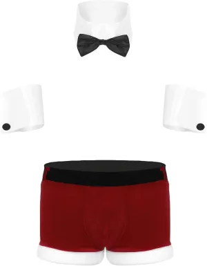 Men's Christmas Lingerie Mr. Santa Boxer Shorts/Thong Underwear with Gentleman Dress Shirt Collar and Tie Cuffs