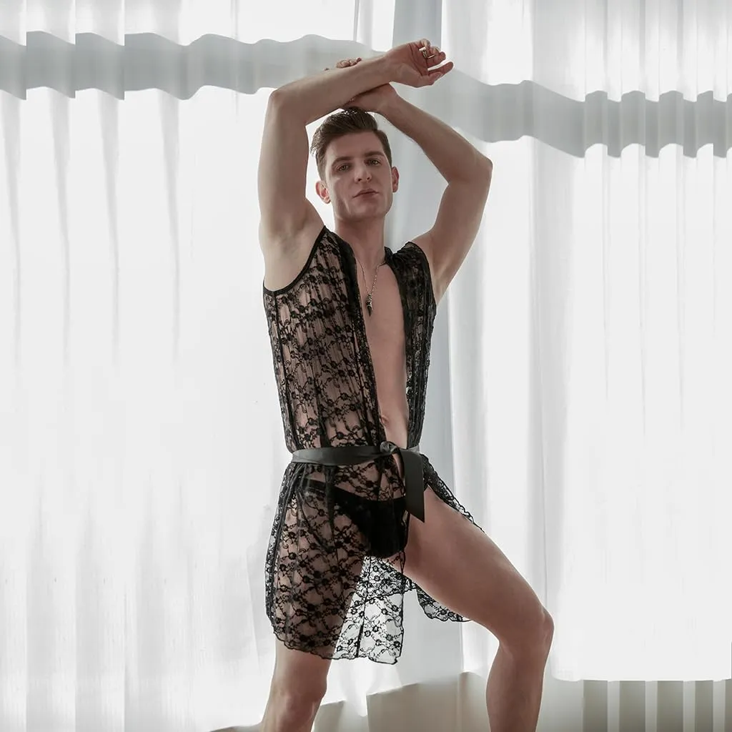 Mens Robes Lightweight Mesh Lingerie Transparent Sleepwear Ultra thin Pajamas Suit Nightgown Robe for Men