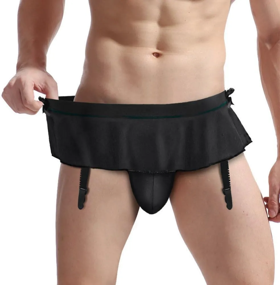 Men's Sissy Skirt Pouch Panties Bikini Briefs Low Rise T-Back G-String Thong with Garter Underwear