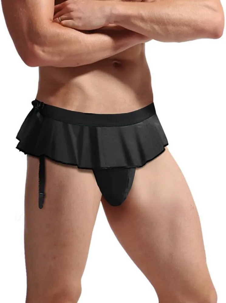 Men's Sissy Skirt Pouch Panties Bikini Briefs Low Rise T-Back G-String Thong with Garter Underwear