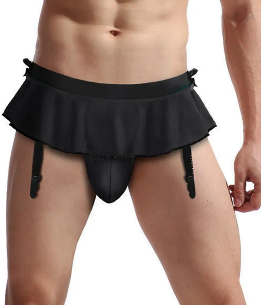 Men's Sissy Skirt Pouch Panties Bikini Briefs Low Rise T-Back G-String Thong with Garter Underwear