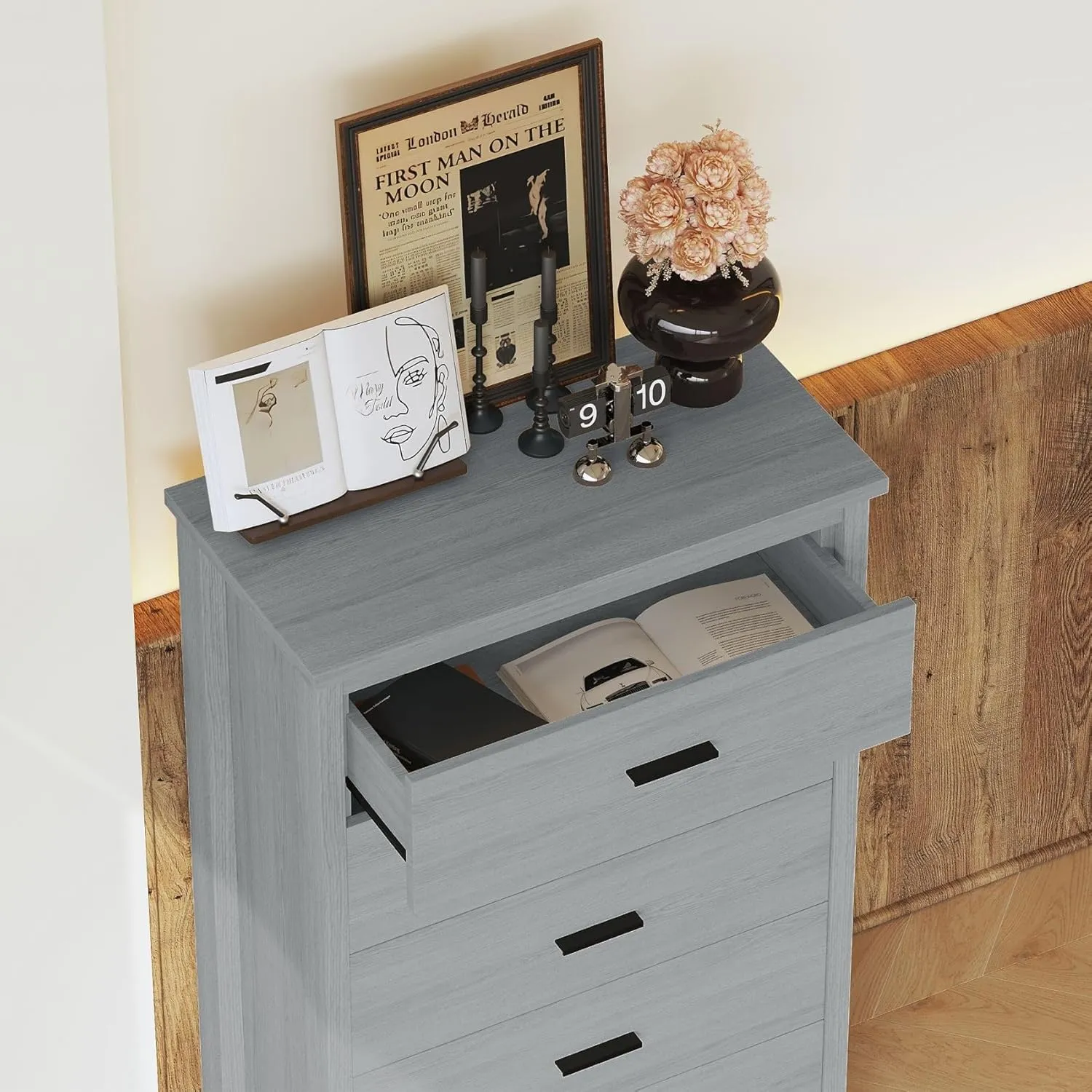 Merax 5 Drawer Tall Wooden Dresser for Bedroom, Retro Chests Office Storage Cabinet Furniture, Grey
