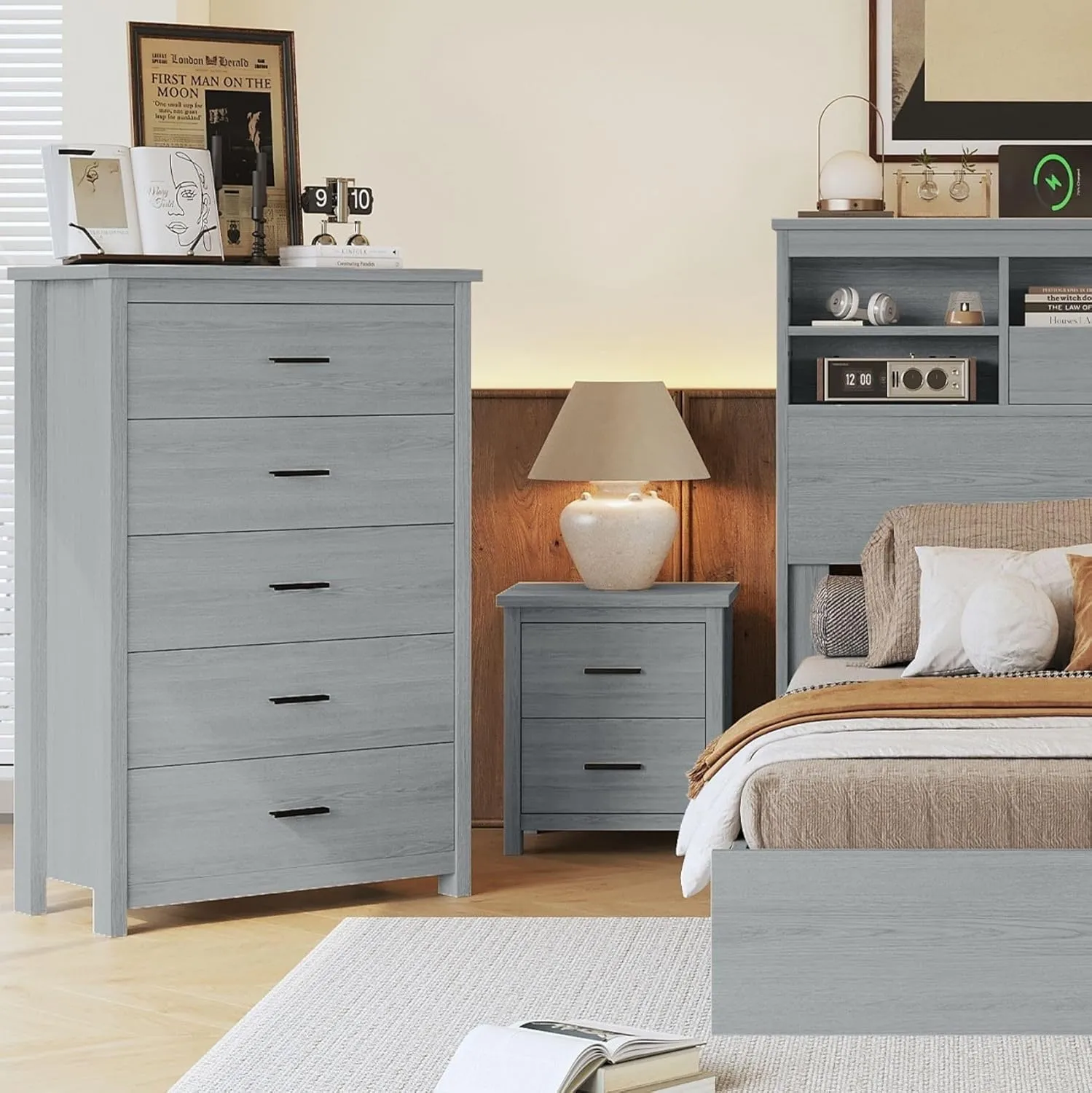 Merax 5 Drawer Tall Wooden Dresser for Bedroom, Retro Chests Office Storage Cabinet Furniture, Grey