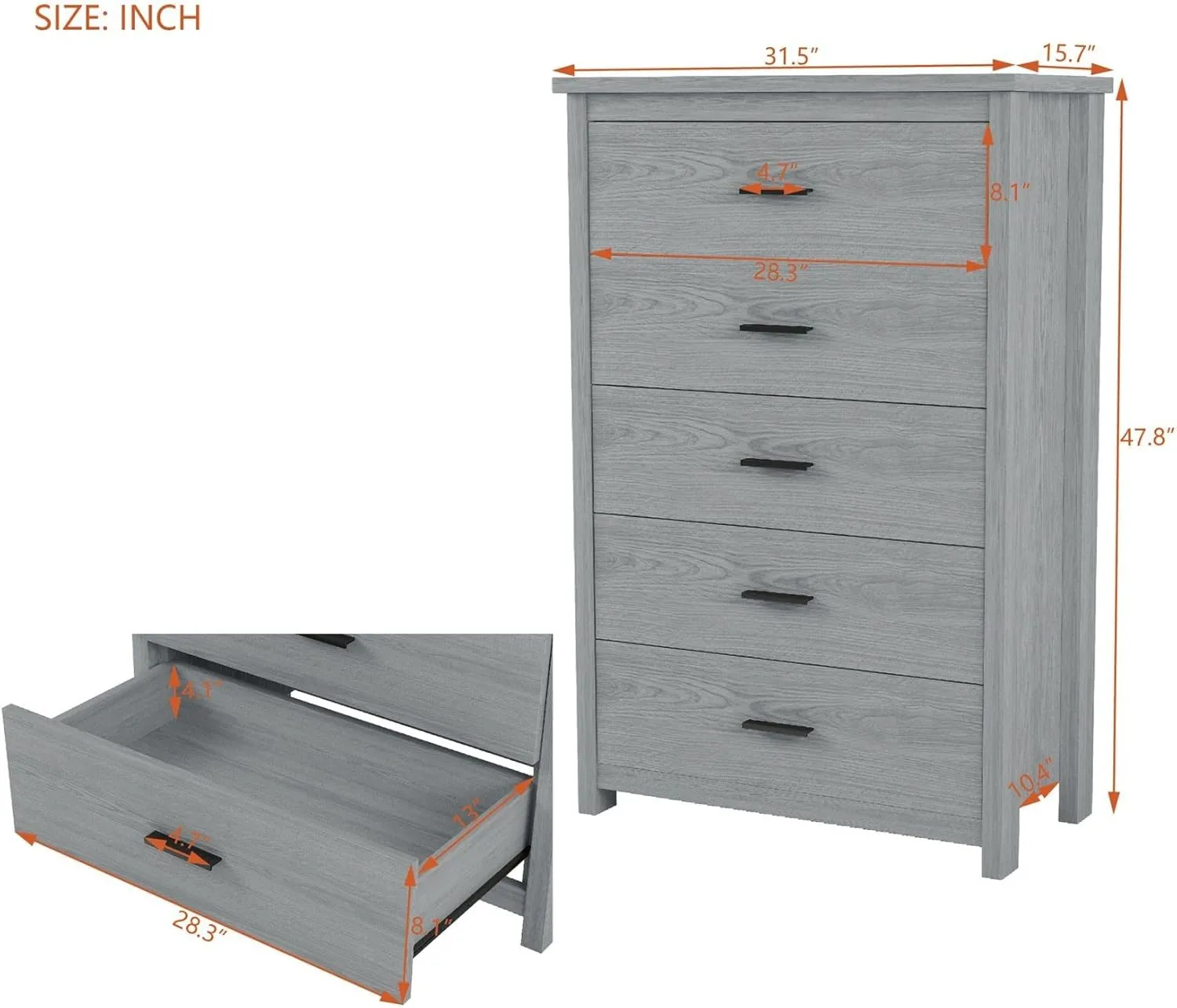 Merax 5 Drawer Tall Wooden Dresser for Bedroom, Retro Chests Office Storage Cabinet Furniture, Grey