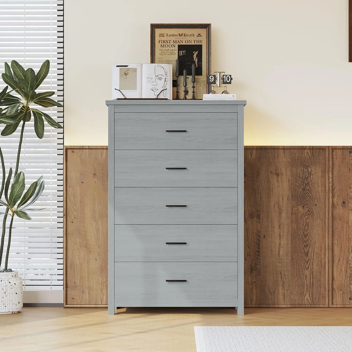 Merax 5 Drawer Tall Wooden Dresser for Bedroom, Retro Chests Office Storage Cabinet Furniture, Grey
