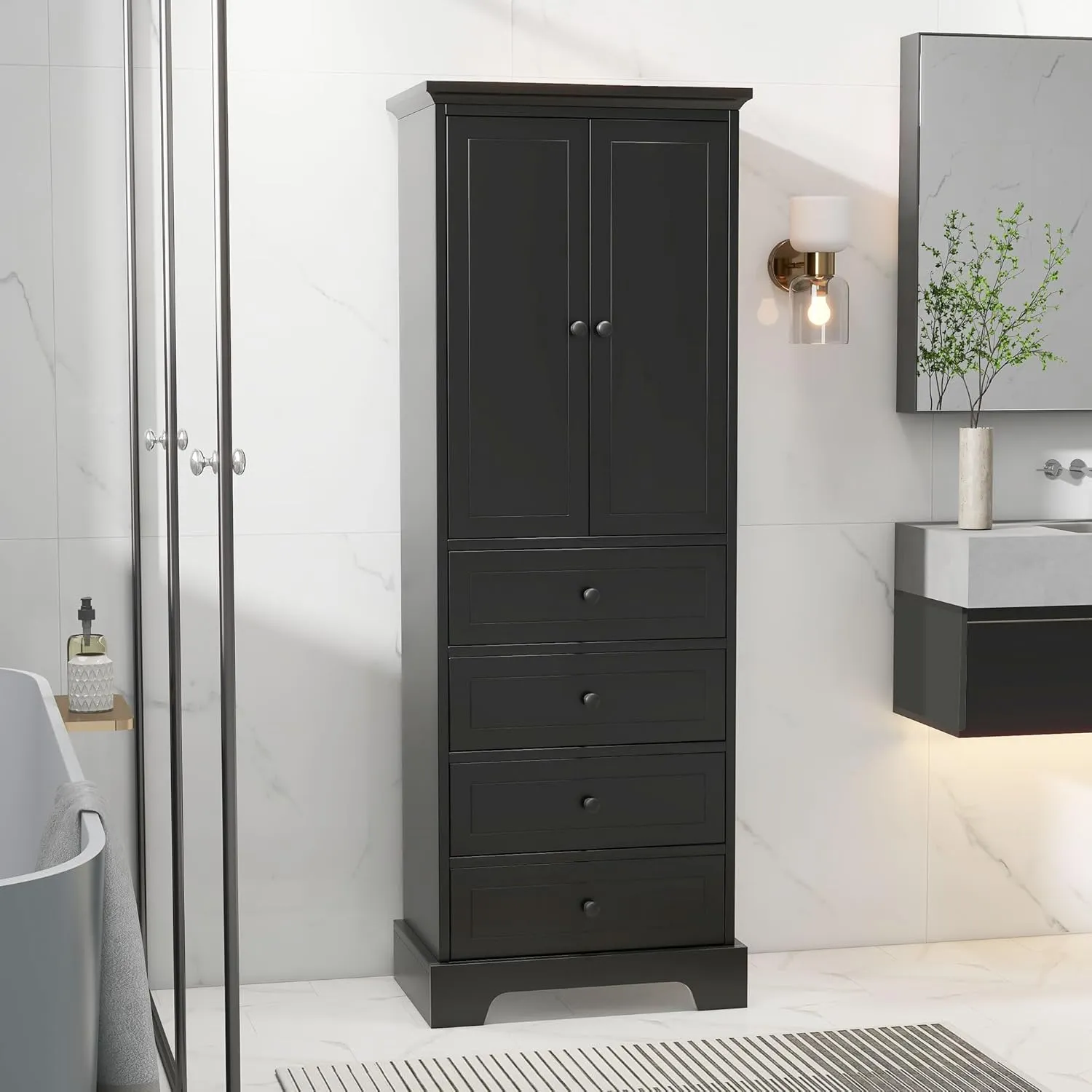 Merax Bathroom Cabinet with Doors and Drawers, Tall Storage Pantry for Home Kitchen, Adjustable Shelf,