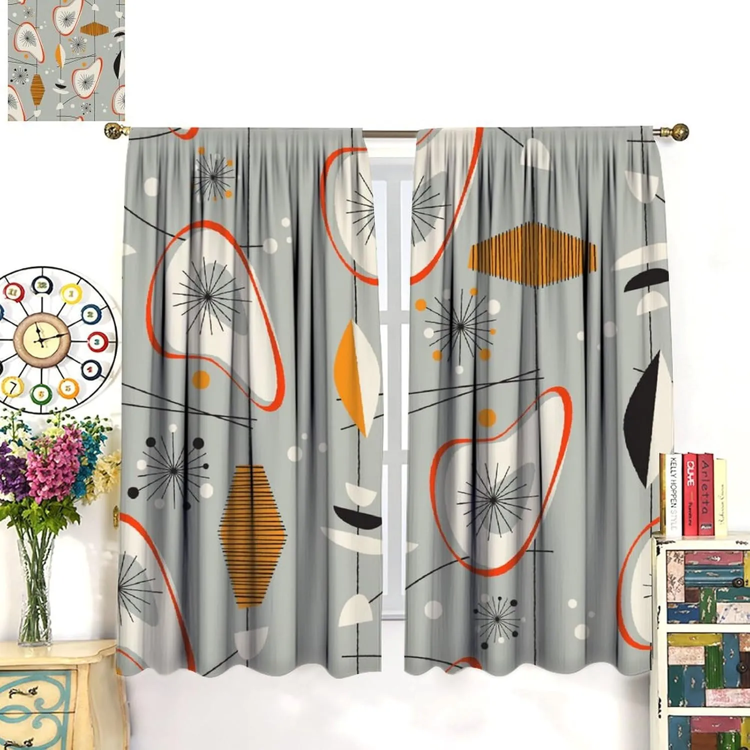 Mid Century Aesthetics Curtains, Atomic Stars Vintage Shapes Abstract Geometric Modern Window Treatments, Rod Pocket Thermal Insulated Drapes for Bedroom Living Room, 42" W X 63" L