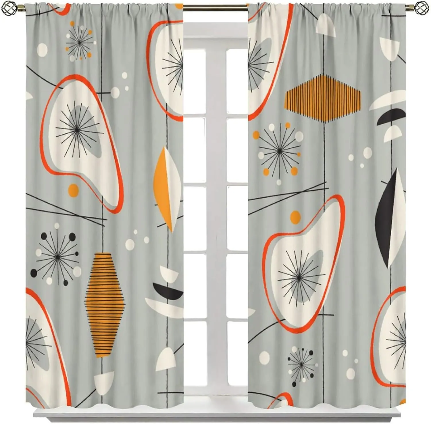 Mid Century Aesthetics Curtains, Atomic Stars Vintage Shapes Abstract Geometric Modern Window Treatments, Rod Pocket Thermal Insulated Drapes for Bedroom Living Room, 42" W X 63" L