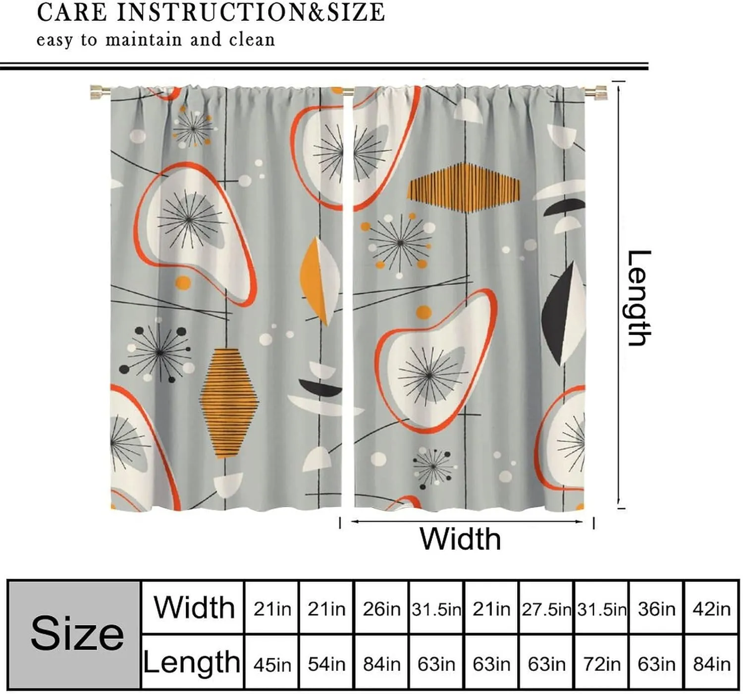 Mid Century Aesthetics Curtains, Atomic Stars Vintage Shapes Abstract Geometric Modern Window Treatments, Rod Pocket Thermal Insulated Drapes for Bedroom Living Room, 42" W X 63" L