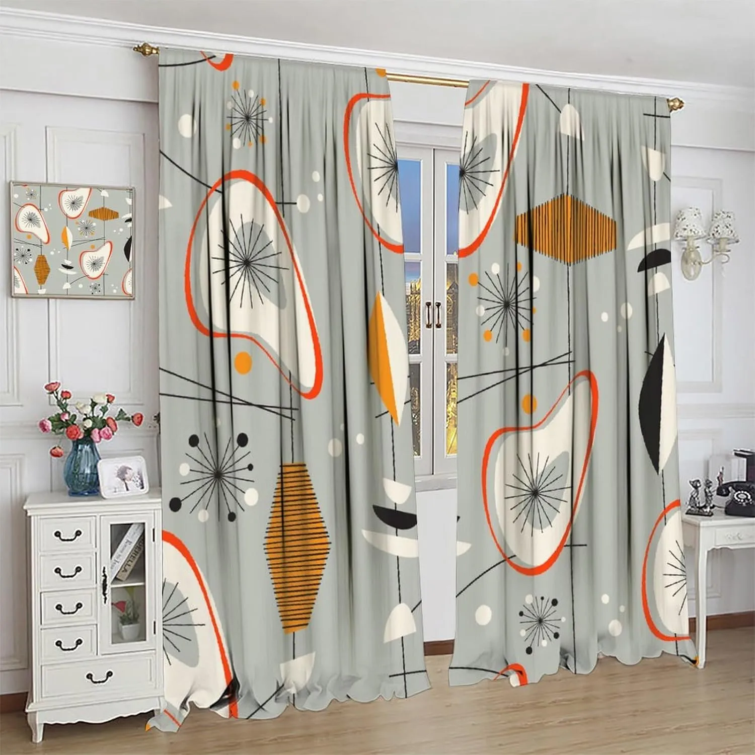 Mid Century Aesthetics Curtains, Atomic Stars Vintage Shapes Abstract Geometric Modern Window Treatments, Rod Pocket Thermal Insulated Drapes for Bedroom Living Room, 42" W X 63" L