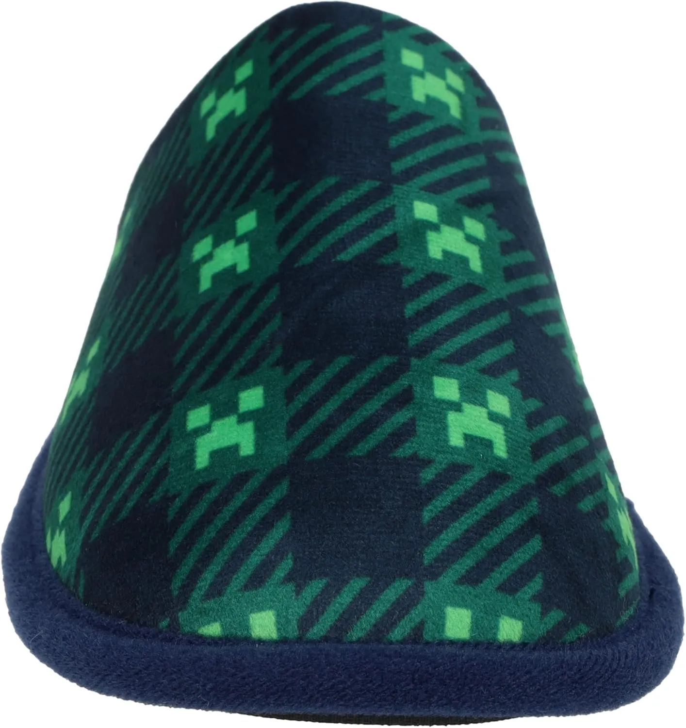 Minecraft Scuff Slippers for Boys, Plaid Creeper Print, Navy/Green
