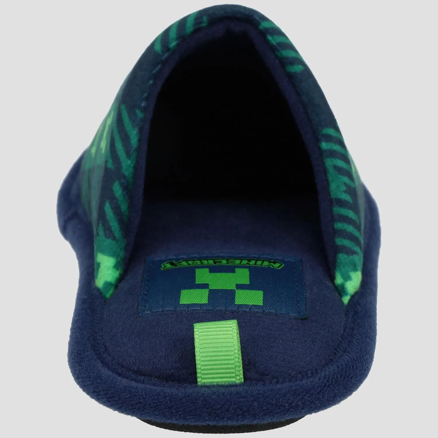 Minecraft Scuff Slippers for Boys, Plaid Creeper Print, Navy/Green