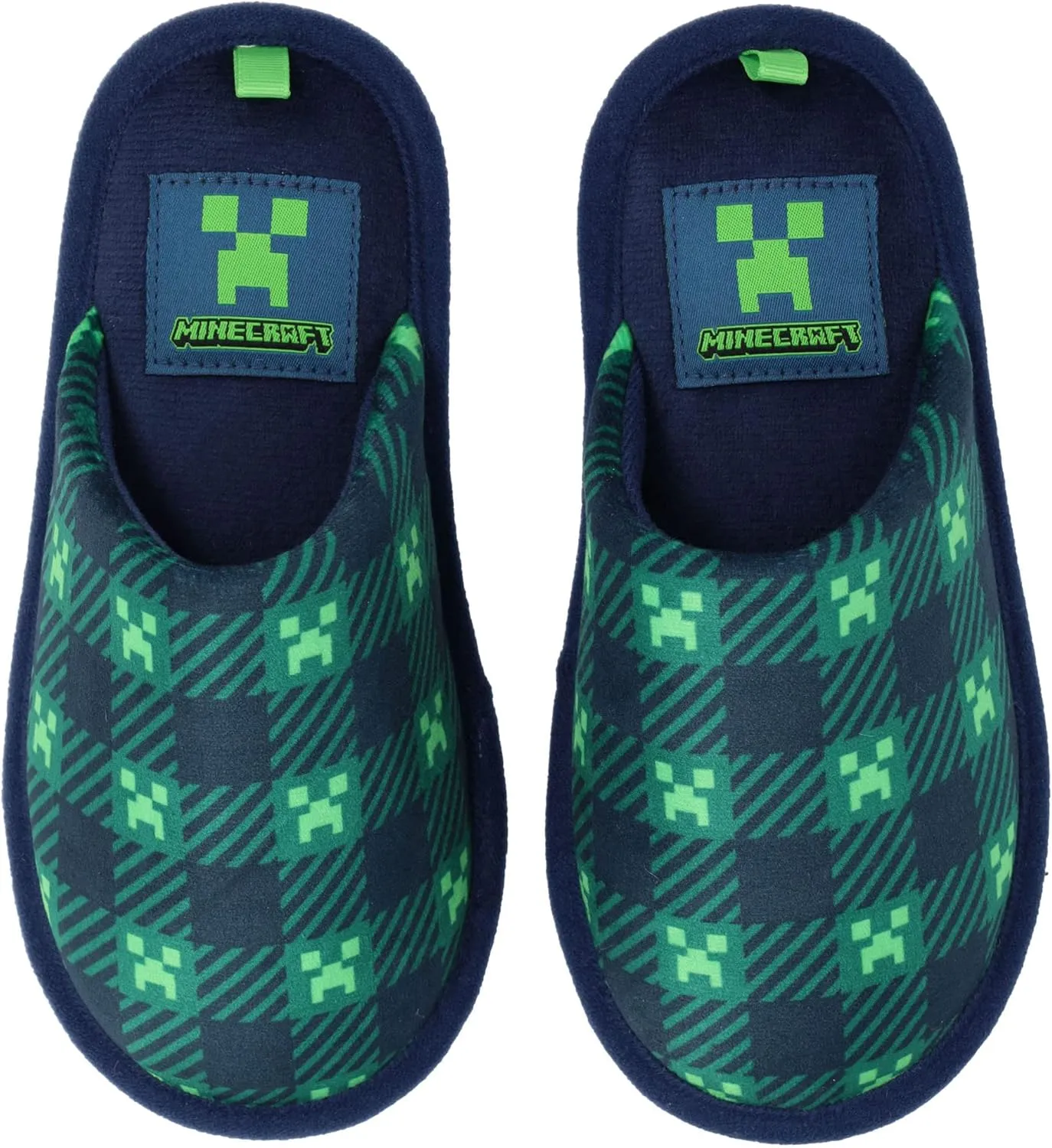 Minecraft Scuff Slippers for Boys, Plaid Creeper Print, Navy/Green
