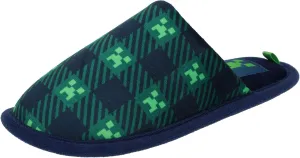 Minecraft Scuff Slippers for Boys, Plaid Creeper Print, Navy/Green