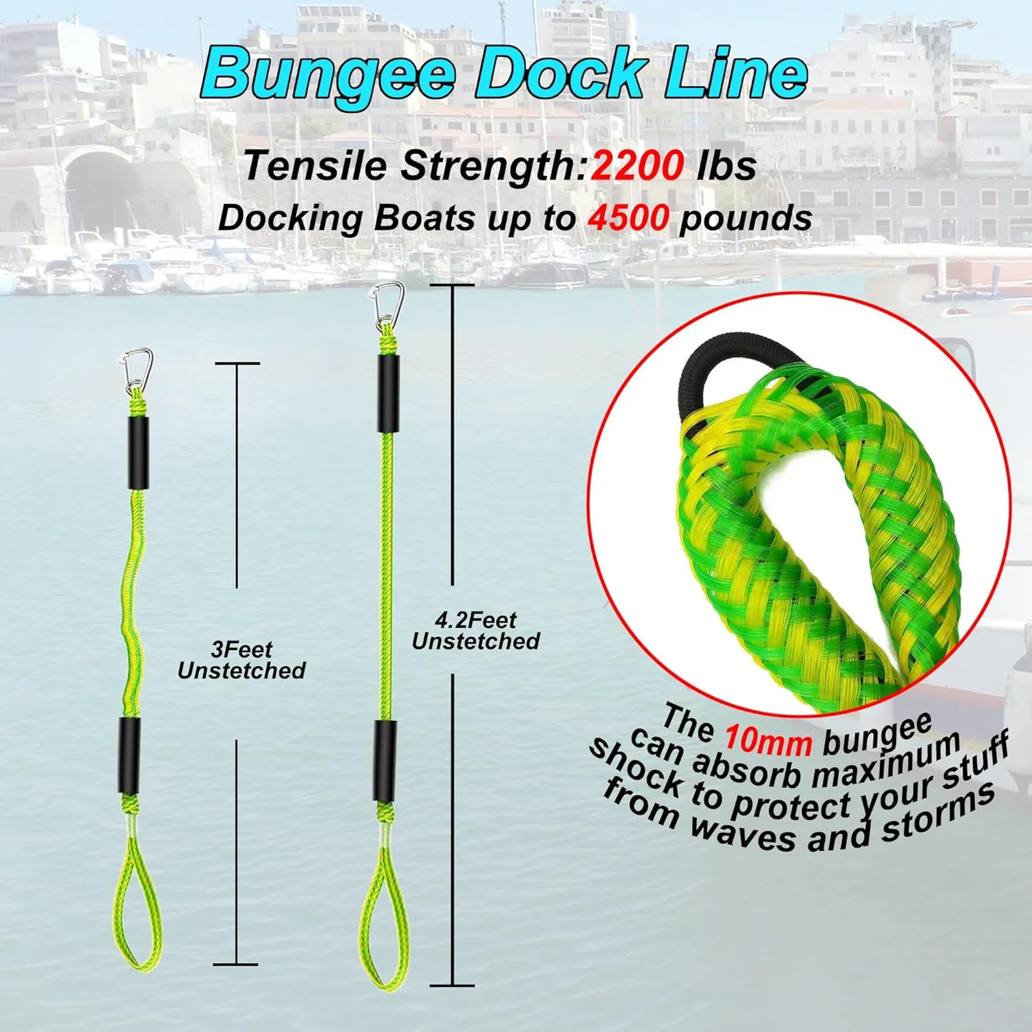 Mooring with 3ft Bungee Dock Line 2-Pack - Essential Accessories for Diverse Watercraft Built in Snubber, Kayak, Watercraft, SeaDoo, Jet Ski, Pontoon, Canoe, Power Boat