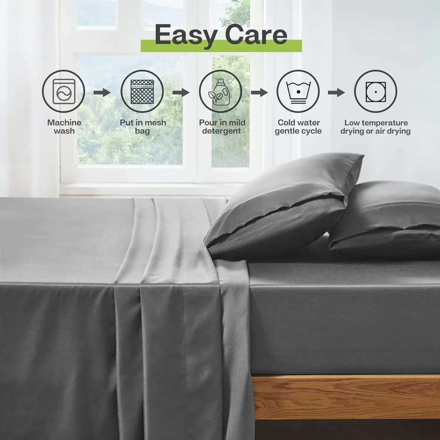 MR&HM Queen Sheet Set, 4-Piece Cooling Sheets, Rayon Derived from Bamboo & Polyester Blend, Soft & Silky, 15" Deep Pockets with Elastic Straps, Hotel Luxury for Hot Sleepers, Grey