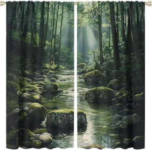 Natural Forest Blackout Curtains for Bedroom, Tropical Jungle Stream Rocky Tree Decor Home Living Room Darkening Grommet Window Drapes, 2 Panels/Each 31.5" W x 63" L