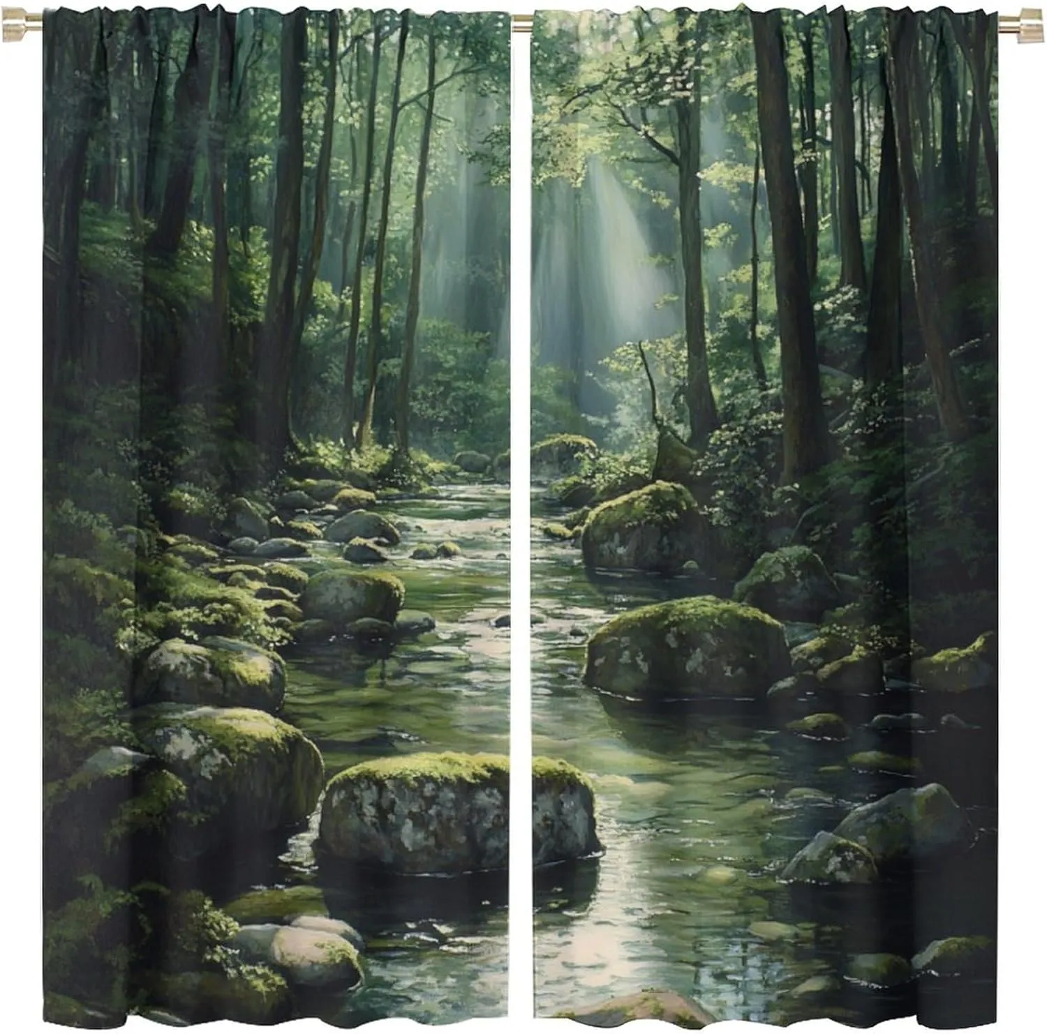 Natural Forest Blackout Curtains for Bedroom, Tropical Jungle Stream Rocky Tree Decor Home Living Room Darkening Grommet Window Drapes, 2 Panels/Each 31.5" W x 63" L